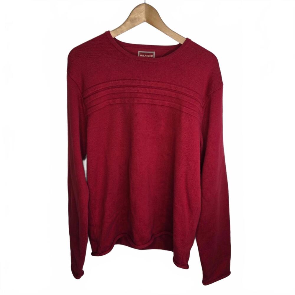 😀Tommy Hilfiger Preppy  Men's Red 100% Cotton Knit Pullover Sweater. Med  Cozy